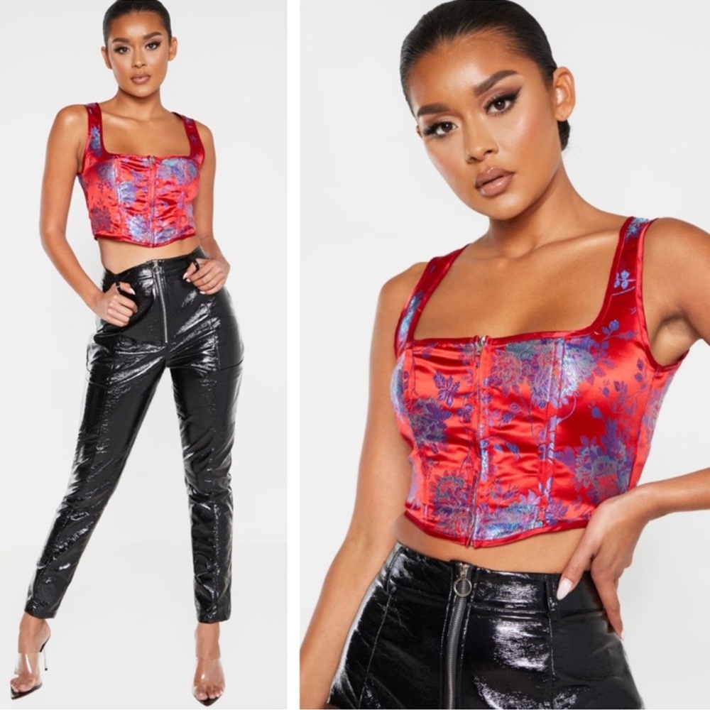 PLT Pretty Little Thing Red & Blue Floral Satin Oriental Print Zip Front Corset